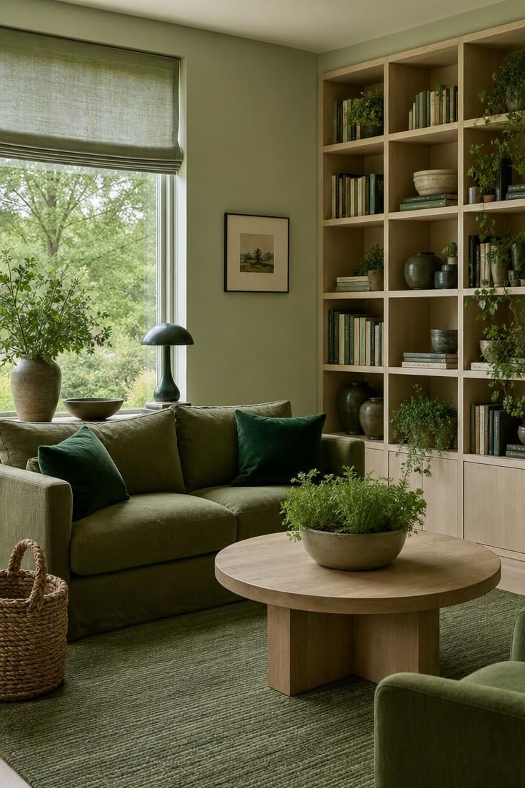 13 Living Room Color Palette Ideas That Feel Like Home 6 Monochromatic green living room with celadon walls, olive sofa, and forest green velvet pillows in cool overcast light