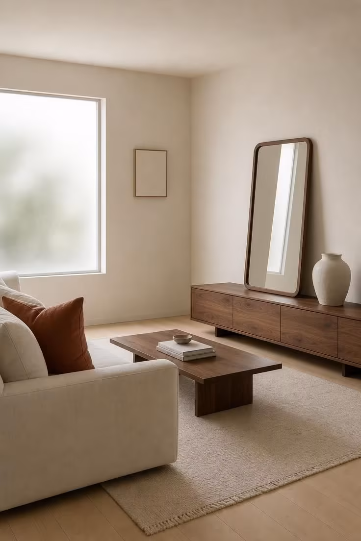 13 Living Room Color Palette Ideas That Feel Like Home 7 Minimalist ivory living room with walnut media console and a single rust linen pillow in soft diffused light
