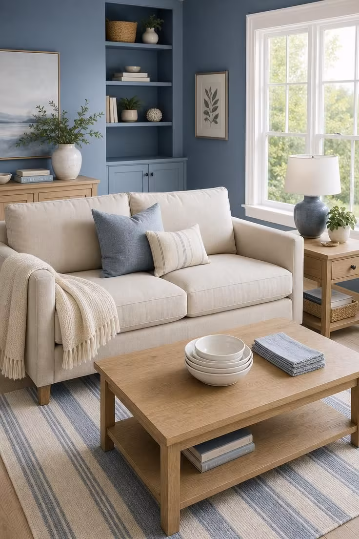 13 Living Room Color Palette Ideas That Feel Like Home 8 Slate blue living room with pale oak furniture and natural linen loveseat in bright midday light