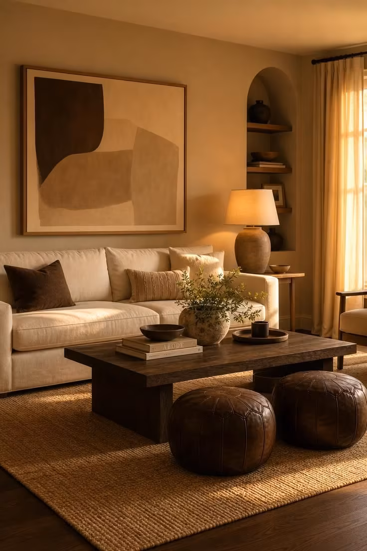 13 Living Room Color Palette Ideas That Feel Like Home 9 Coffee and cream toned living room with latte walls, sisal rug, espresso leather poufs, and golden afternoon light