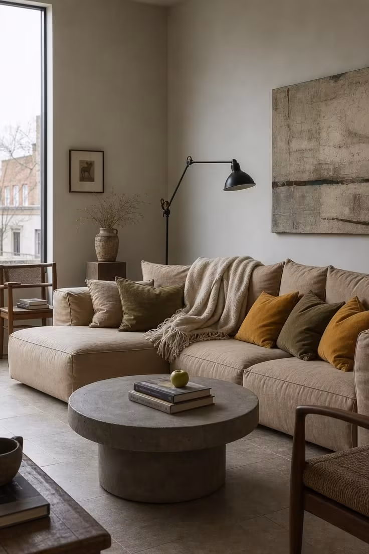 13 Living Room Color Palette Ideas That Feel Like Home 10 Sand-toned sofa with olive and mustard pillows in a pale gray living room with cool overcast light