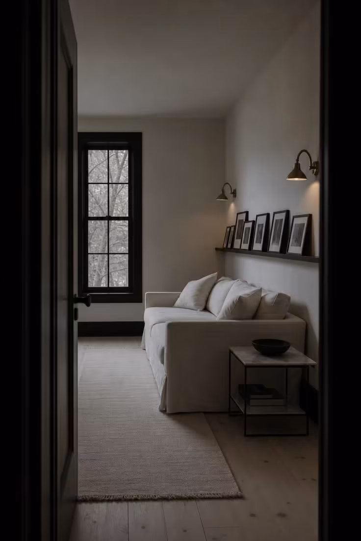 13 Living Room Color Palette Ideas That Feel Like Home 11 Soft white living room with matte black trim, picture shelf with black-and-white photographs, and brass sconces in low warm light