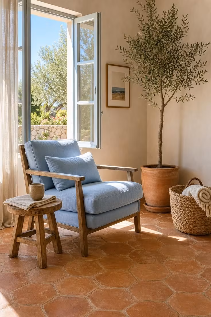 13 Living Room Color Palette Ideas That Feel Like Home 12 Terracotta hexagonal floor tiles with a pale blue linen armchair and olive tree in a bright Mediterranean-style living room