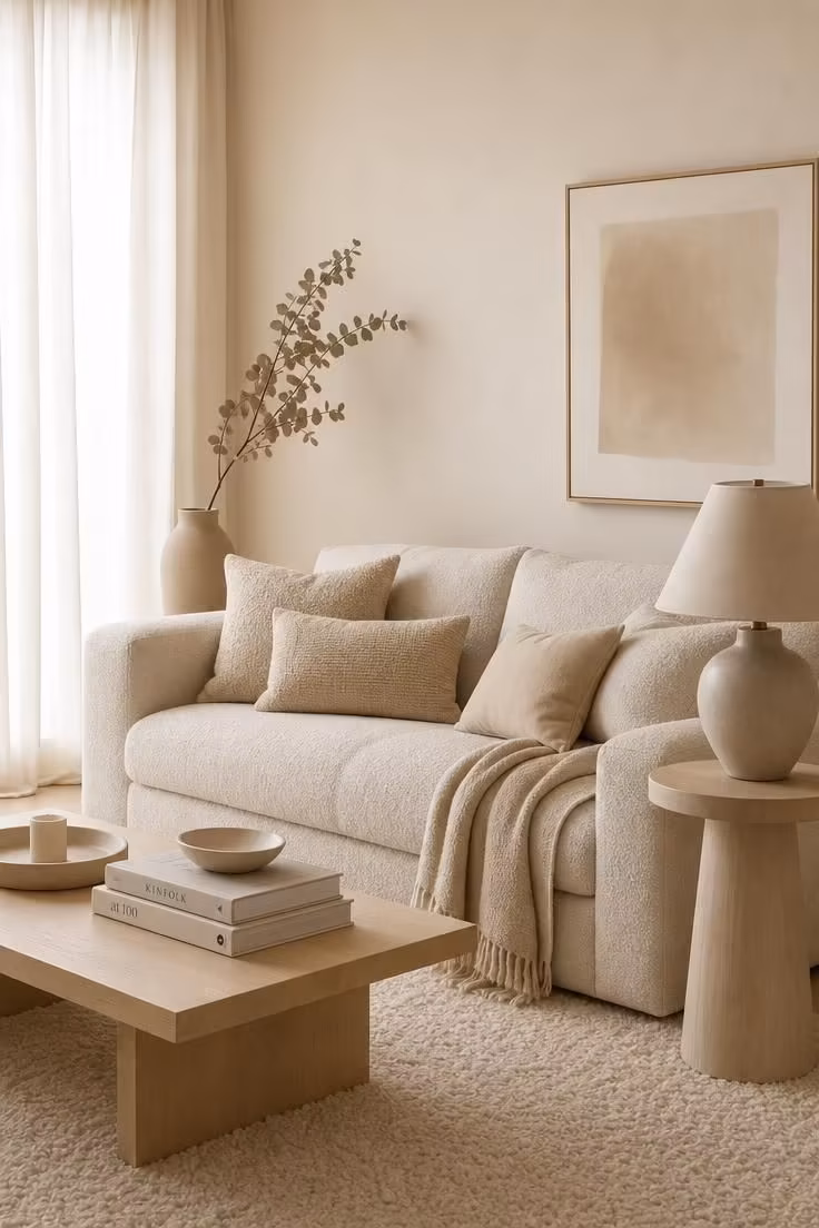 13 Living Room Color Palette Ideas That Feel Like Home 13 Warm white living room with oatmeal bouclé sofa and layered honey-toned pillows and throws in soft diffused light