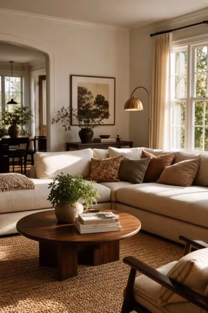 13 Living Room Color Palette Ideas That Feel Like Home Warm and inviting living room with cream linen sofa, earthy pillows, walnut coffee table, and golden afternoon light streaming through tall windows