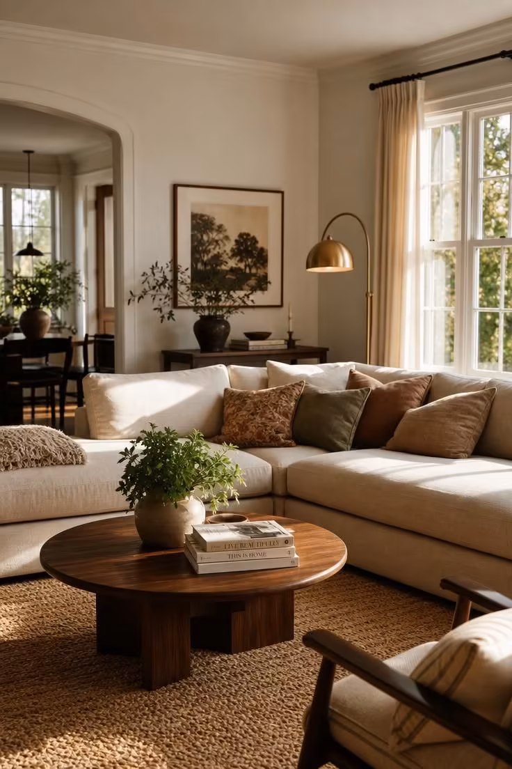 Simple Spaces 18 Warm and inviting living room with cream linen sofa, earthy pillows, walnut coffee table, and golden afternoon light streaming through tall windows