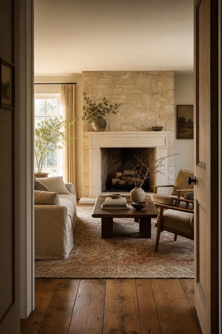 The Styling Mistakes That Make Living Room Designs with Fireplace Look Cheap 1 Wide establishing view of a living room centered on a limestone fireplace with warm linen and oak furniture arranged around it.