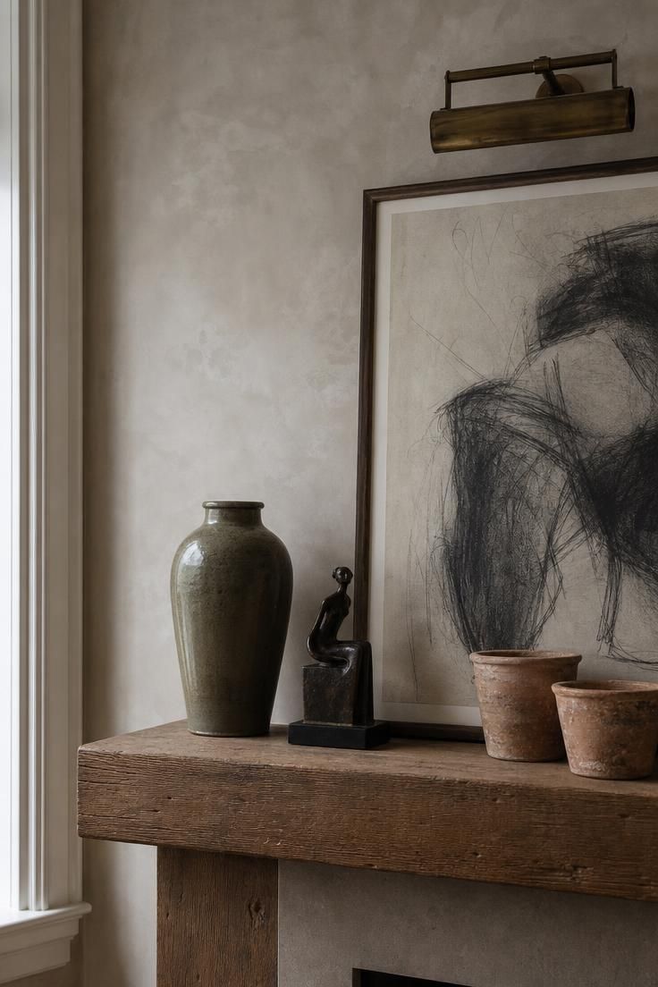 The Styling Mistakes That Make Living Room Designs with Fireplace Look Cheap 2 Close-up of a calm wood mantel styled with a large drawing, a ceramic vase, and a bronze sculpture with generous negative space.