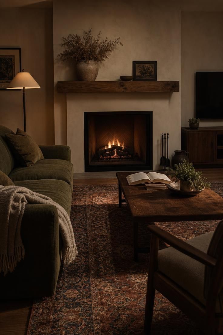 The Styling Mistakes That Make Living Room Designs with Fireplace Look Cheap 3 Eye-level view of a moody fireplace living room with olive linen, vintage rug, oak mantel, and a television on a side wall.