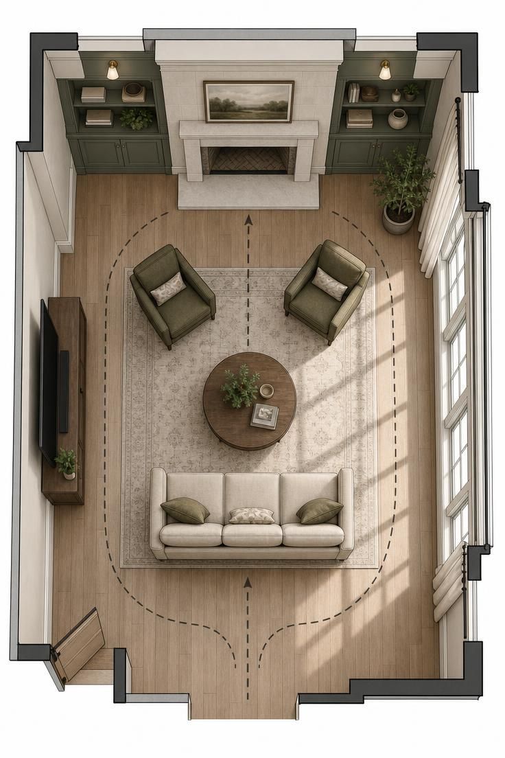 The Styling Mistakes That Make Living Room Designs with Fireplace Look Cheap 4 Overhead plan view of a living room arranged around a fireplace with clear sightlines, seating angles, and circulation paths.