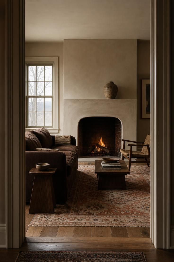 The Styling Mistakes That Make Living Room Designs with Fireplace Look Cheap 5 Threshold view of a completed living room with a plaster fireplace anchoring a relaxed seating arrangement in cool light.