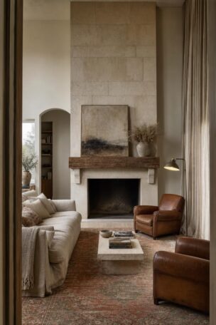 Wide vertical view of a limestone fireplace living room with linen, leather, wool, and brass elements arranged in a calm, grounded composition.