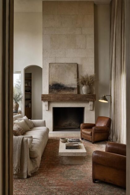 The Styling Mistakes That Make Living Room Designs with Fireplace Look Cheap Wide vertical view of a limestone fireplace living room with linen, leather, wool, and brass elements arranged in a calm, grounded composition.