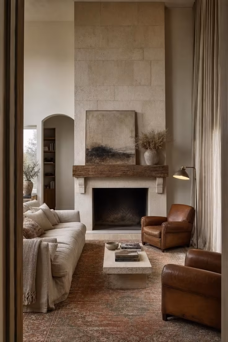 Simple Spaces 18 Wide vertical view of a limestone fireplace living room with linen, leather, wool, and brass elements arranged in a calm, grounded composition.