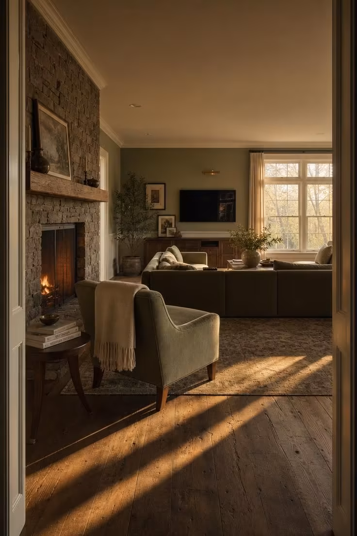 7 Living Room Layout With Fireplace Mistakes That Make the Whole Space Feel Off-Balance 1 A living room where the sofa faces the TV on the opposite wall, leaving the stone fireplace completely ignored as a background element