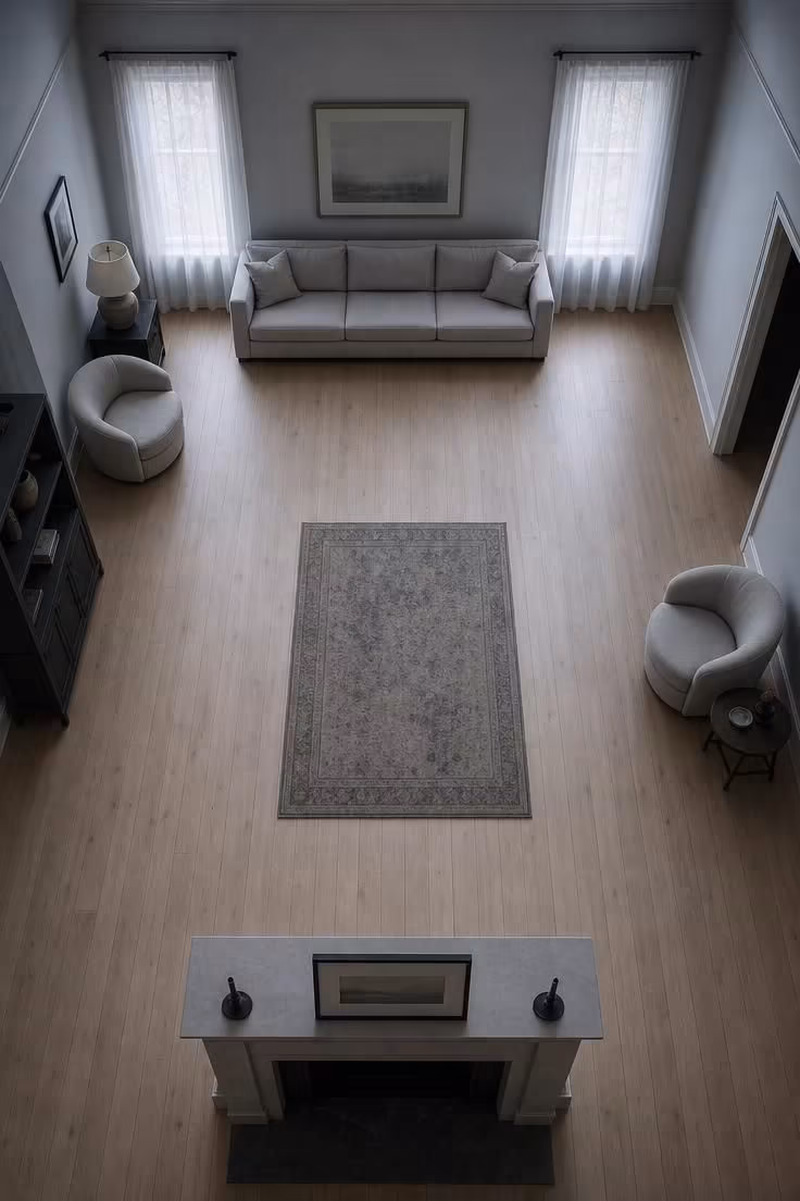 7 Living Room Layout With Fireplace Mistakes That Make the Whole Space Feel Off-Balance 2 An overhead view of a living room where all furniture is pushed against the walls, leaving a cold empty center and ignoring the fireplace