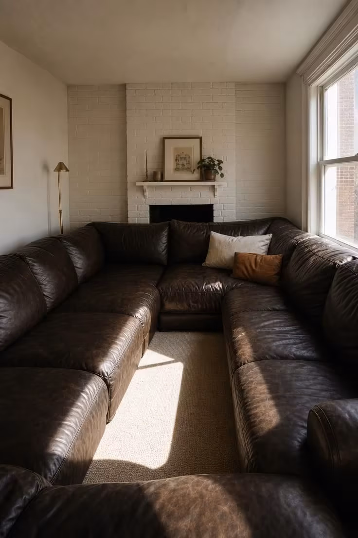 7 Living Room Layout With Fireplace Mistakes That Make the Whole Space Feel Off-Balance 3 A small fireplace dwarfed by an oversized dark leather sectional that makes the room feel cramped and unbalanced