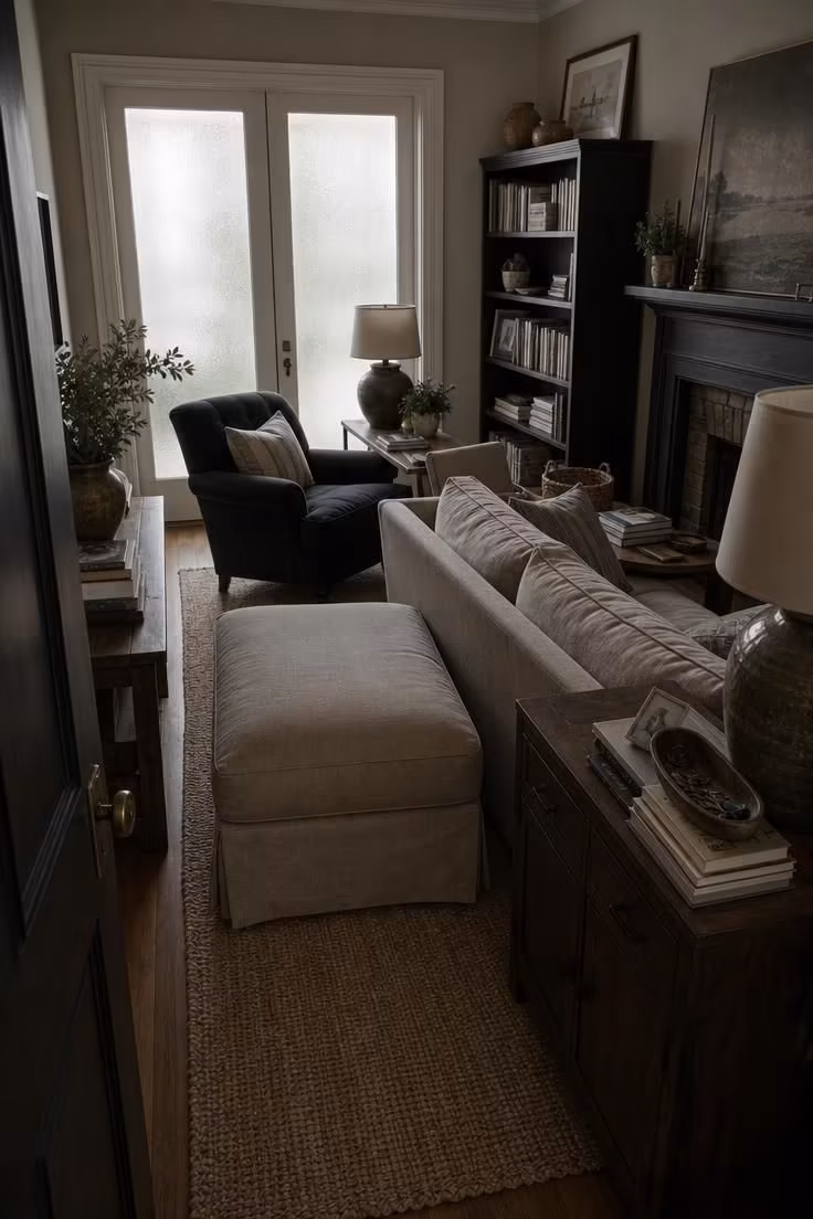 7 Living Room Layout With Fireplace Mistakes That Make the Whole Space Feel Off-Balance 4 A living room with furniture blocking the natural walkway between the door and the fireplace, creating an obstructed and frustrating traffic flow