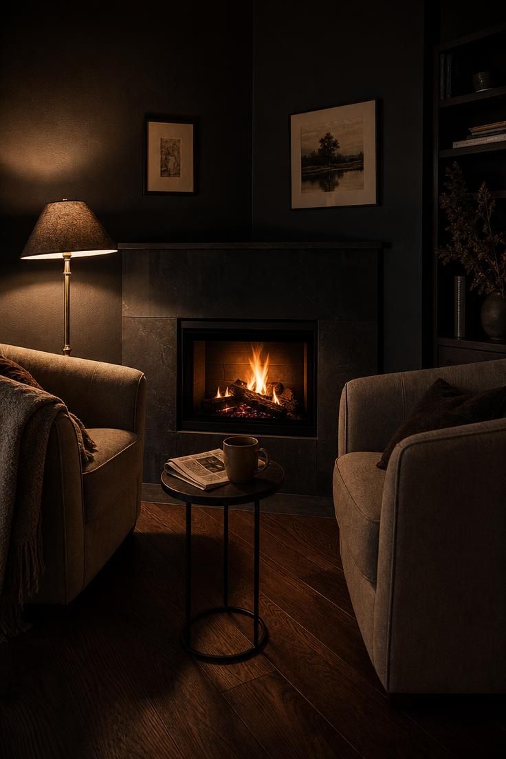 7 Living Room Layout With Fireplace Mistakes That Make the Whole Space Feel Off-Balance 5 A corner fireplace with two armchairs angled diagonally toward it, creating an intimate conversation triangle in low evening light