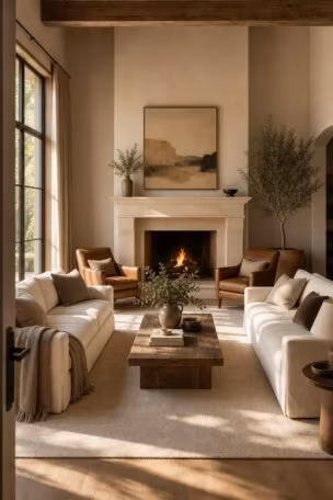 A perfectly balanced living room with two sofas facing each other around a limestone fireplace, bathed in golden afternoon light
