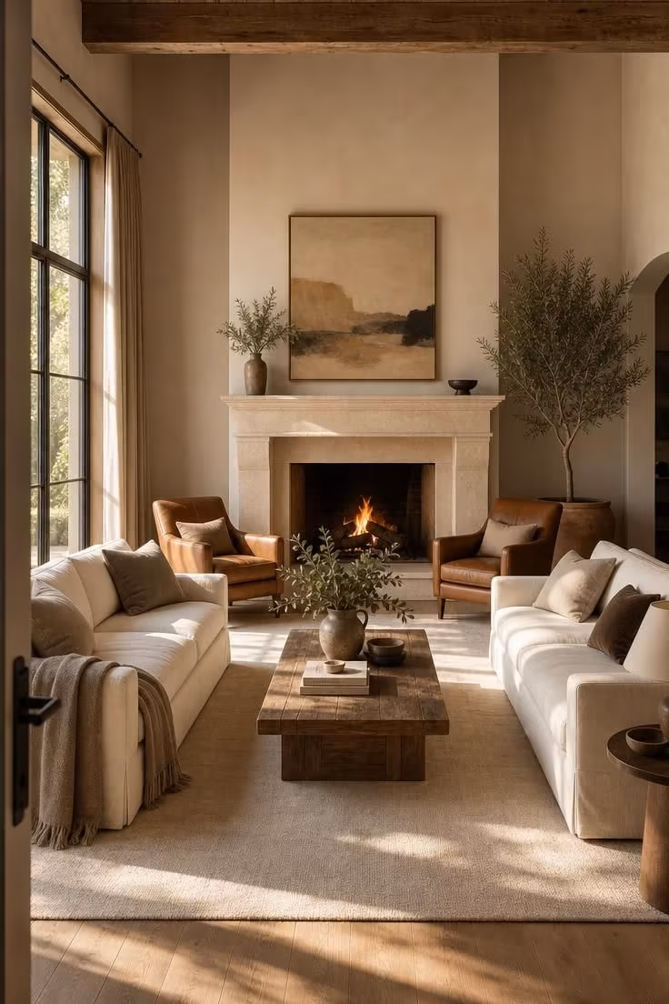 Simple Spaces 15 A perfectly balanced living room with two sofas facing each other around a limestone fireplace, bathed in golden afternoon light