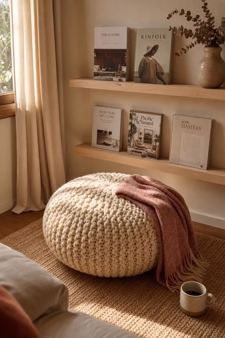 11 Living Room Reading Nook Ideas That Feel Like Home 1 Chunky knit pouf on a sisal rug beneath low floating shelves in a warm living room corner with golden afternoon light.