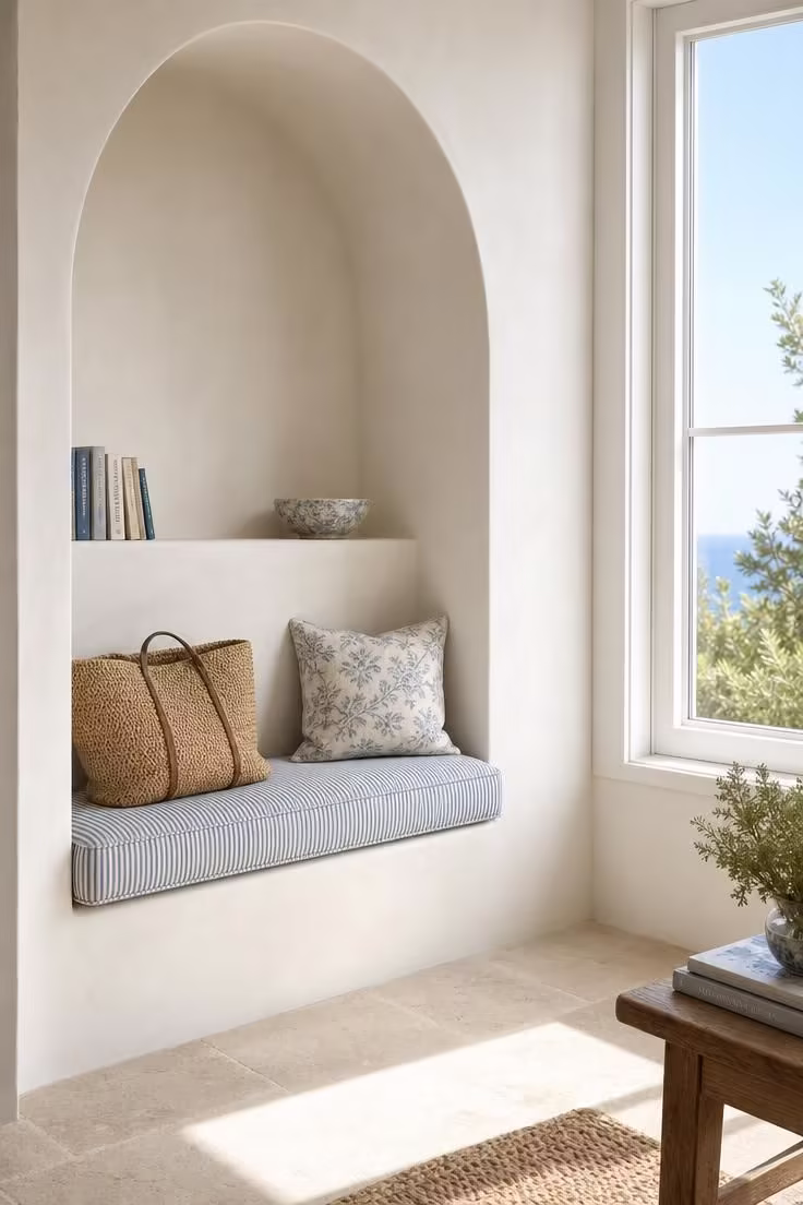 11 Living Room Reading Nook Ideas That Feel Like Home 2 White plaster arch with built-in bench and stripe linen cushion in a bright living room reading nook with midday light.