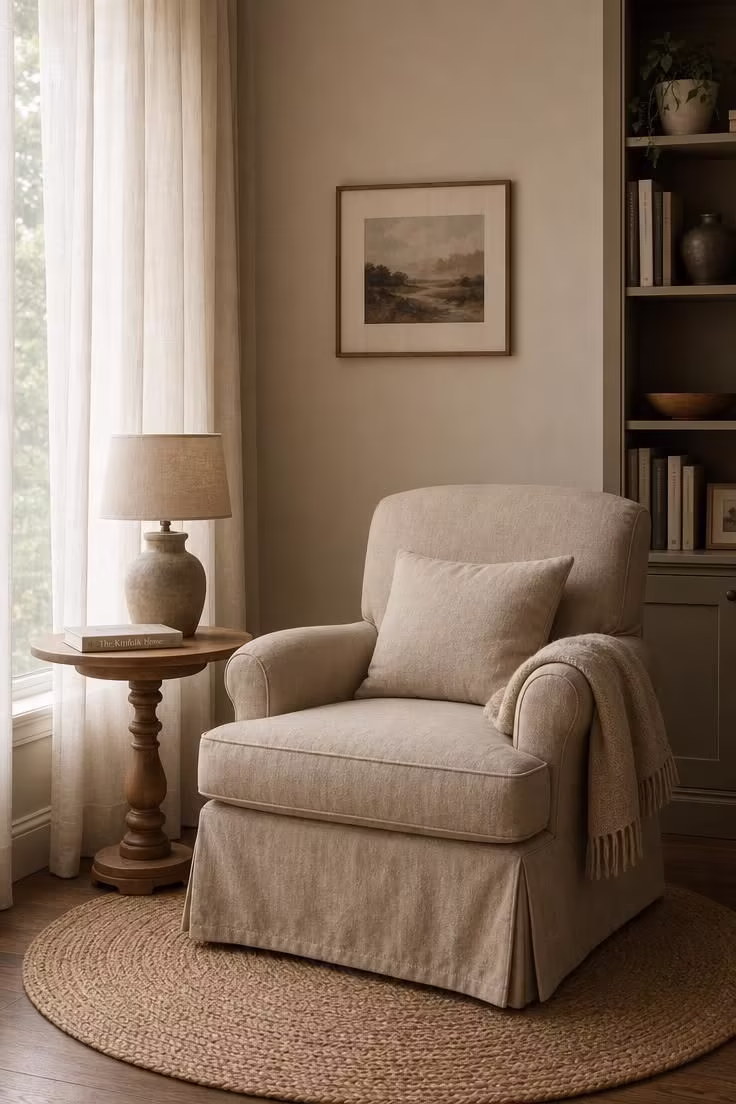 11 Living Room Reading Nook Ideas That Feel Like Home 3 Skirted linen armchair beside a turned wood side table in a softly lit living room reading nook corner.