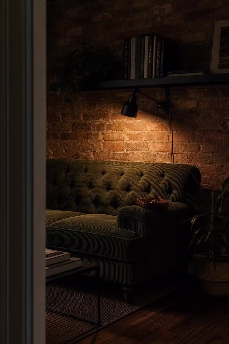 11 Living Room Reading Nook Ideas That Feel Like Home 4 Tufted forest green corduroy settee against a reclaimed brick wall in a moody, low-lit living room reading nook.