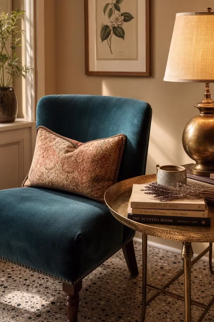 11 Living Room Reading Nook Ideas That Feel Like Home 5 Teal velvet slipper chair and hammered brass tray table on terrazzo tile in a warm golden-lit living room reading nook.