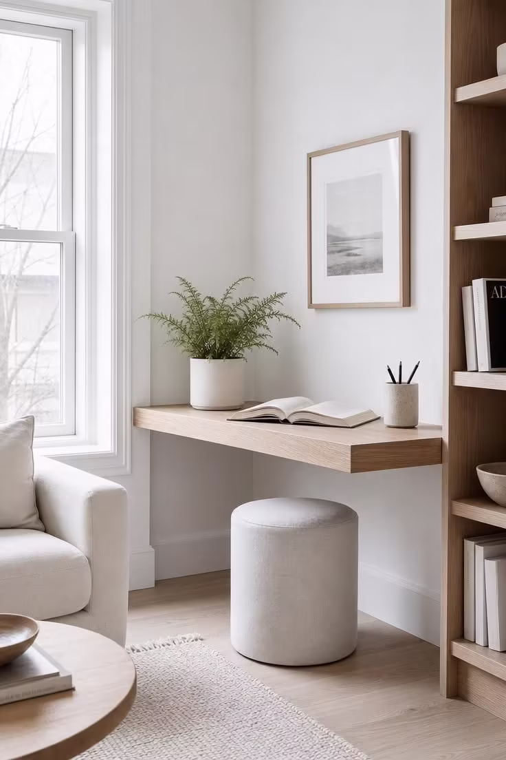 11 Living Room Reading Nook Ideas That Feel Like Home 6 Cantilevered oak shelf desk with linen-covered stool in a bright, cool-lit Scandinavian living room reading nook.