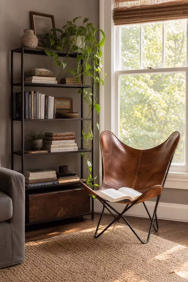 11 Living Room Reading Nook Ideas That Feel Like Home 8 Iron-framed etagere with books beside a cognac leather butterfly chair in a bright living room reading nook.
