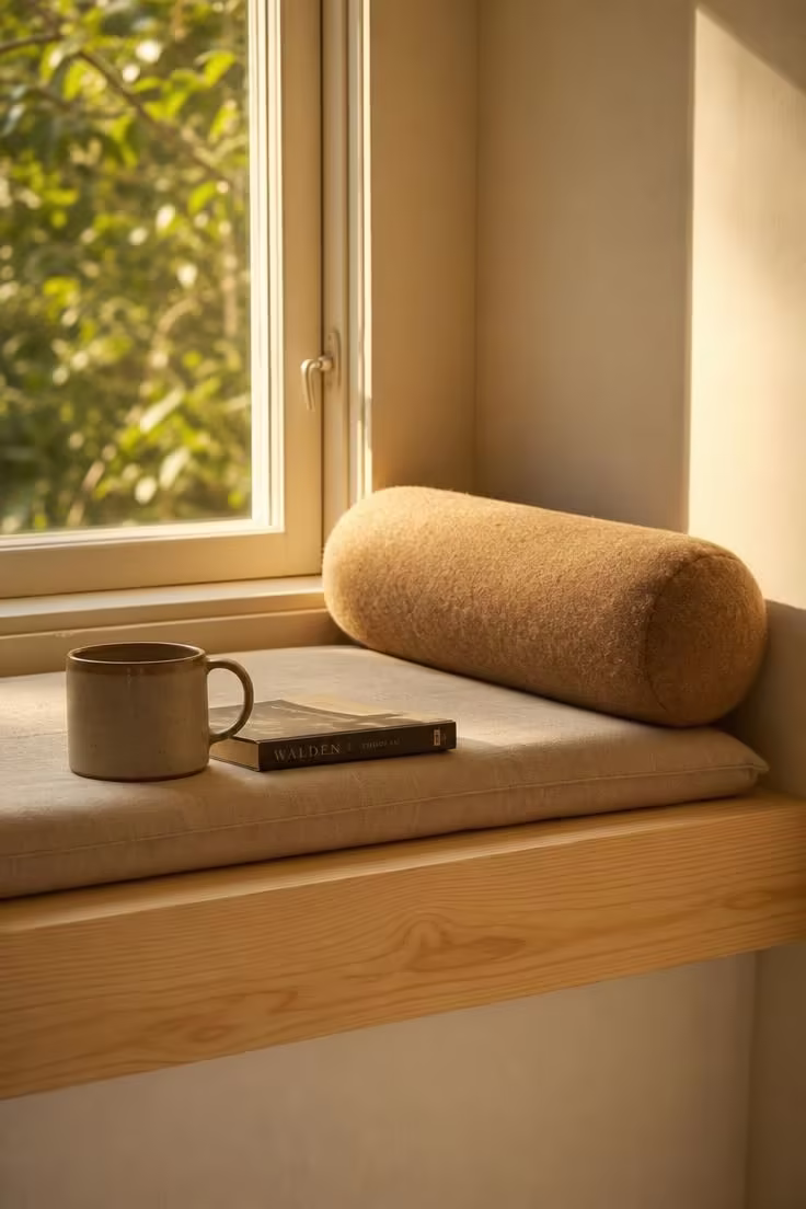 11 Living Room Reading Nook Ideas That Feel Like Home 9 Pine window ledge widened with a cushioned plank and wool bolster in warm late-afternoon light for a living room reading nook.