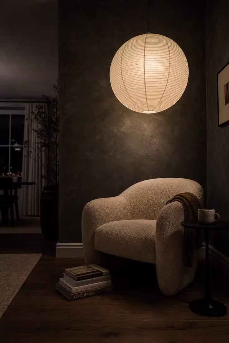 11 Living Room Reading Nook Ideas That Feel Like Home 10 Cream boucle accent chair against a charcoal limewash wall with a low-hanging paper lantern in a moody living room reading nook.
