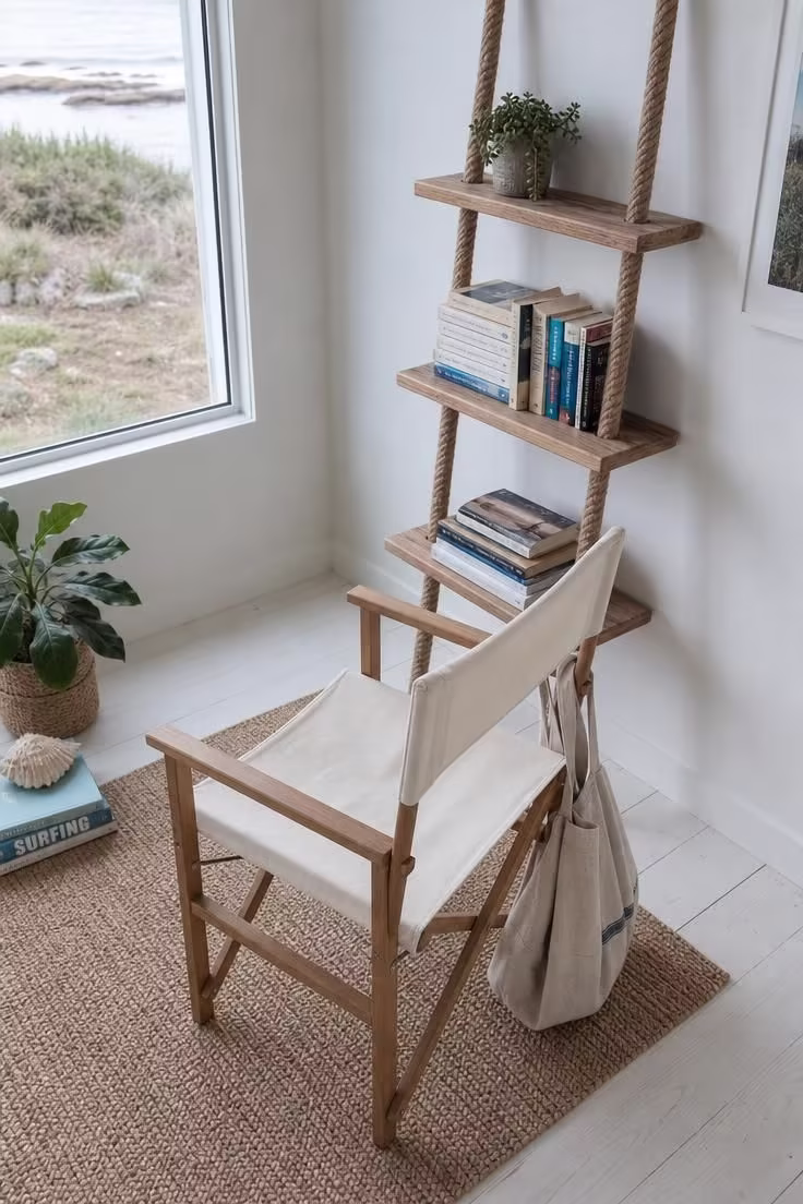 11 Living Room Reading Nook Ideas That Feel Like Home 11 Canvas director chair on a jute mat beside a woven rope shelf ladder in a cool-lit, coastal-style living room reading nook.