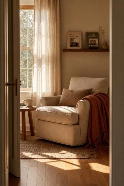 11 Living Room Reading Nook Ideas That Feel Like Home A warm, inviting living room reading nook with an oatmeal linen chair, wooden side table, and golden afternoon light filtering through sheer curtains.