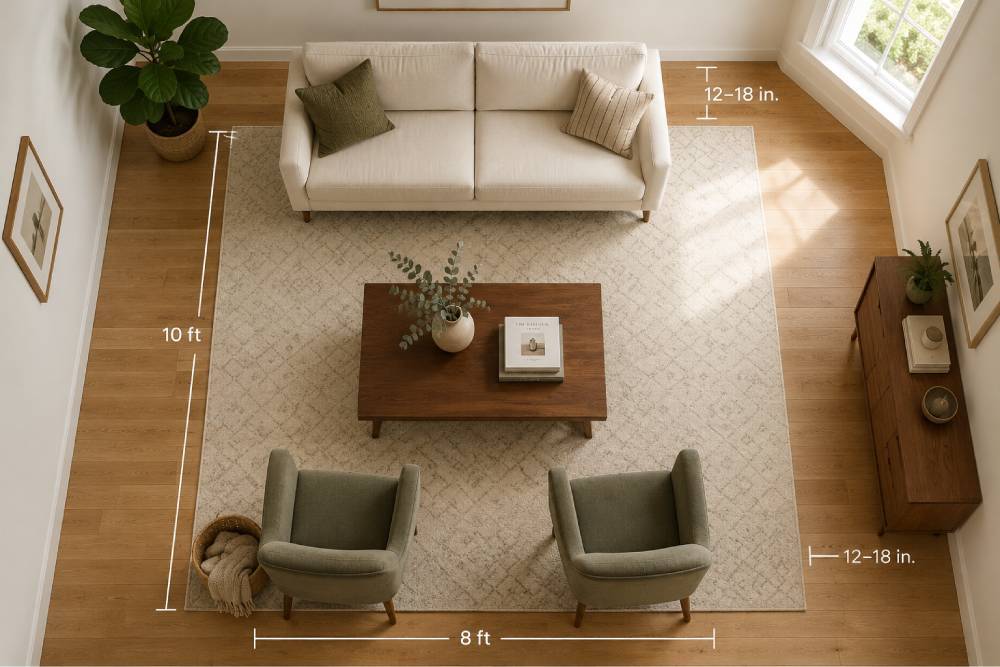 Rug Size Calculator and Room-by-Room Rug Sizing Guide 2 Top-down view of a living room showing an 8 by 10 foot area rug with the front legs of a sofa and two accent chairs placed on the rug, a coffee table centered on the rug, and 12 to 18 inches of bare hardwood floor visible between the rug edges and the walls, with measurement annotation lines showing rug dimensions and floor border spacing.