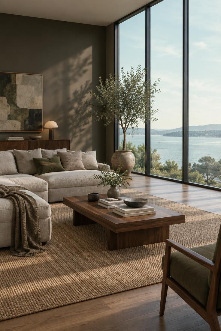 A bright living room with floor-to-ceiling windows, cool daylight reflected in the large glass panes, and deep shadows on the solid wall opposite.
