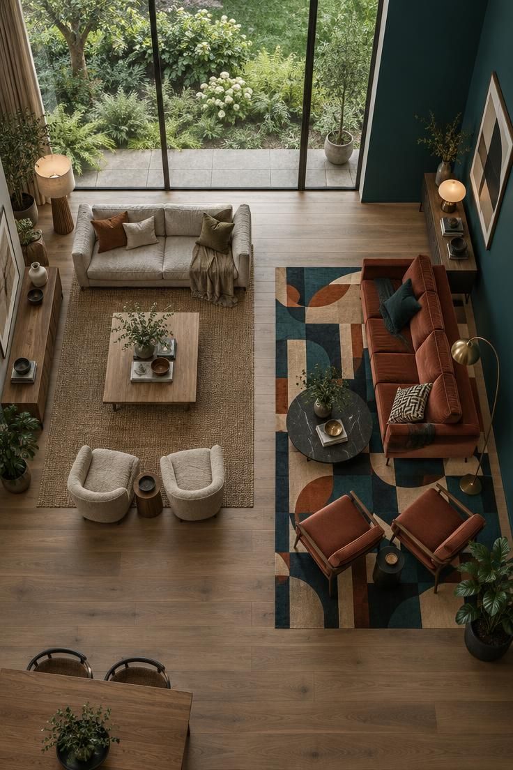 An overhead view of two seating groups, one facing a green garden with an earthy interior and one facing a blank wall with a saturated accent color.