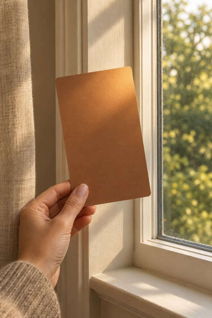 A close-up of a warm clay paint swatch held against a window frame in slanting morning light, appearing brighter near the glass.