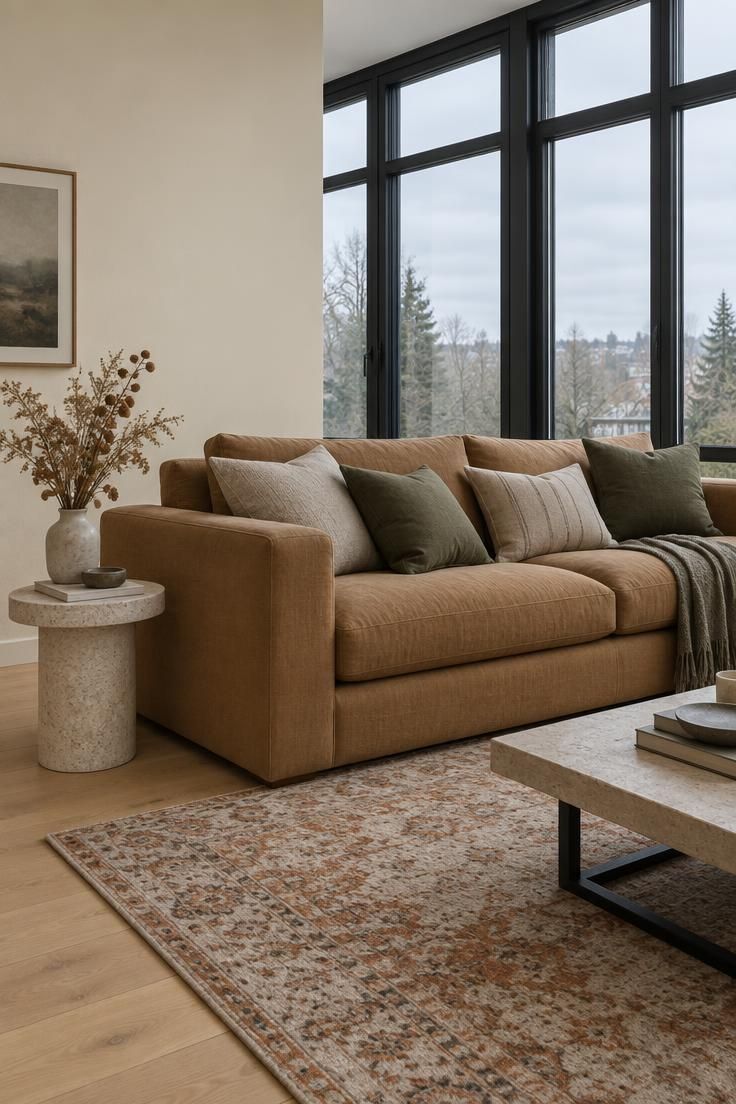 Living room showing four color fields: cream wall, oak floor with rug, dark window frames, and camel sofa.
