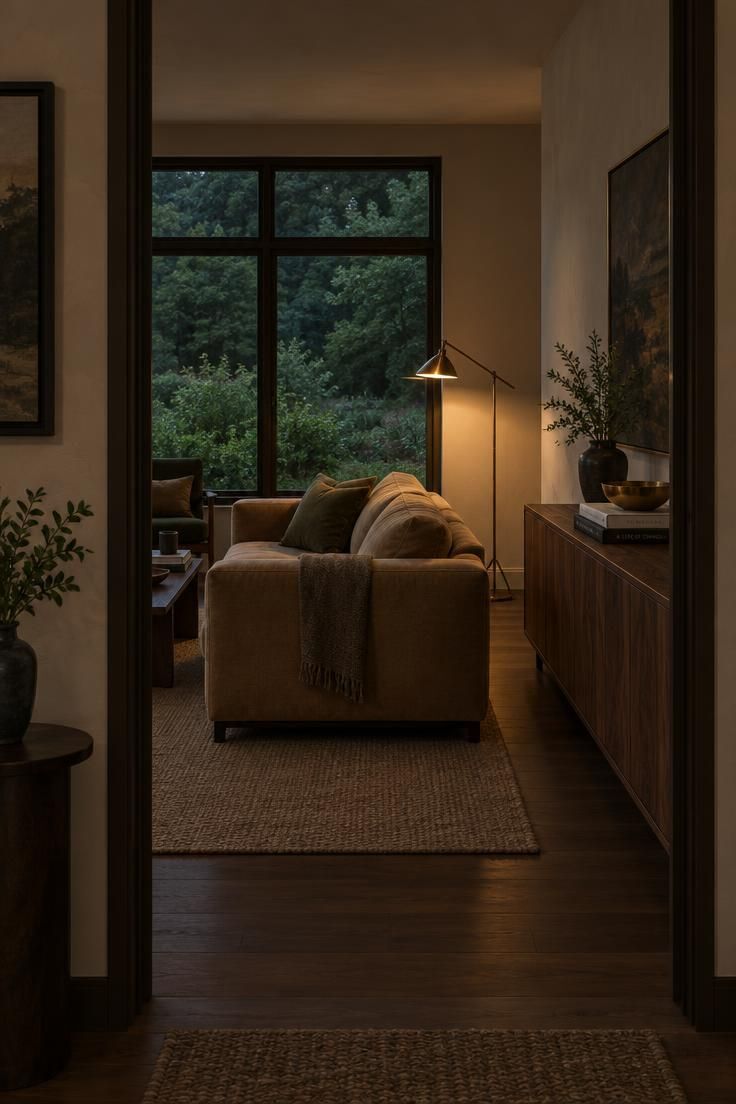 A doorway view into a living room with dark bronze window frames on warm white walls, a camel sofa, and green foliage beyond the glass.