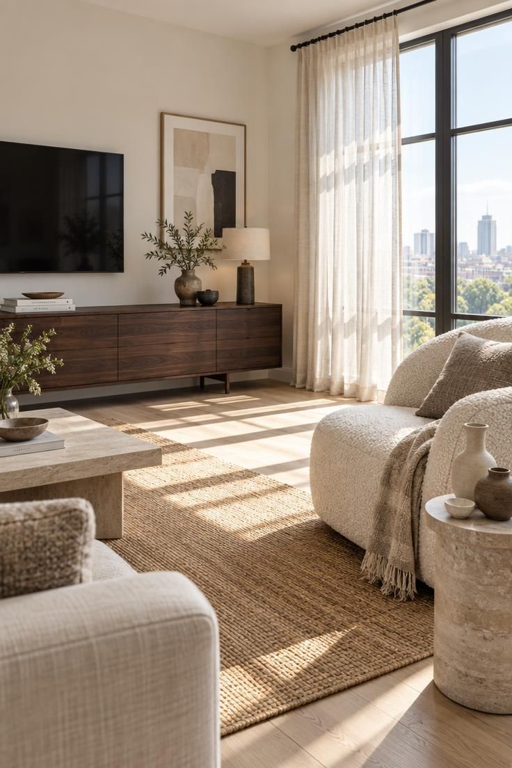 A pale neutral living room in bright midday sun with a dark walnut console, a boucle chair, and a textured jute rug.