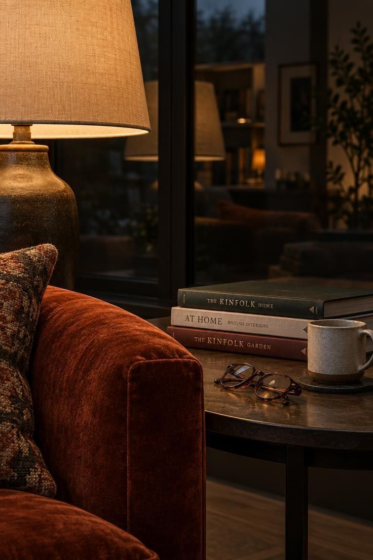 A close-up of a table lamp casting warm light over a rust velvet sofa arm, with a large window turned dark and reflective behind.