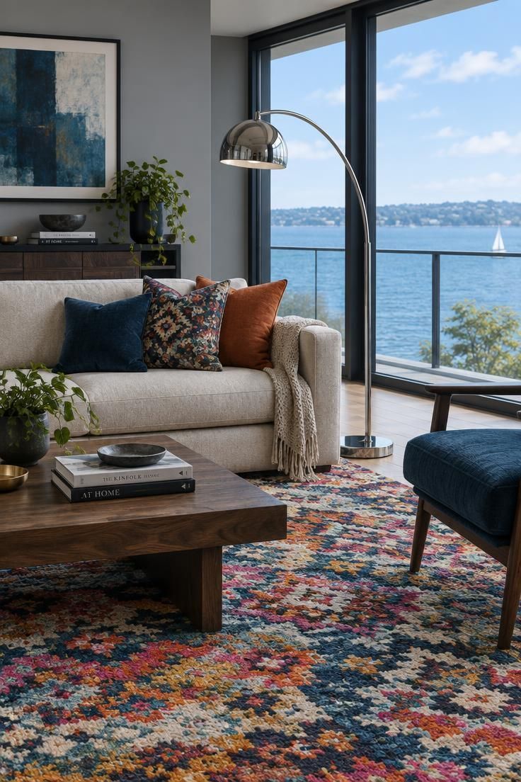 An eye-level view of a living room with competing cool grey walls, a bright blue view, dark frames, and a boldly patterned rug.
