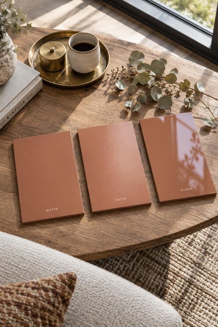 An overhead view of matte, satin, and gloss finish sample boards in the same warm clay tone on a sunlit coffee table.