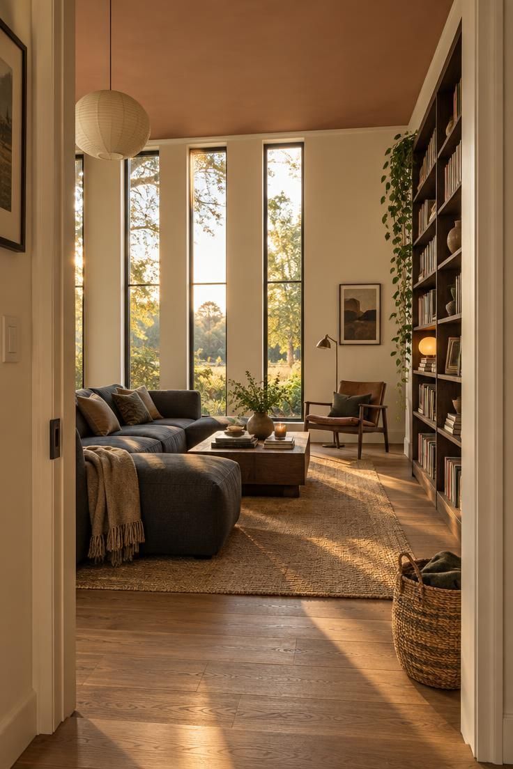 A doorway view of a living room with tall narrow window banks, a soft clay painted ceiling, and a low charcoal sofa.
