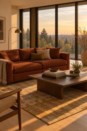 A living room with floor-to-ceiling windows, warm white walls, a deep rust sofa, light oak floors, and dark bronze frames in golden-hour light.