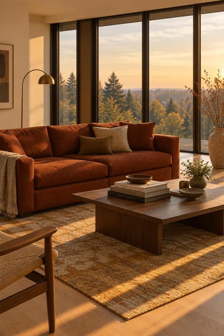 A living room with floor-to-ceiling windows, warm white walls, a deep rust sofa, light oak floors, and dark bronze frames in golden-hour light.