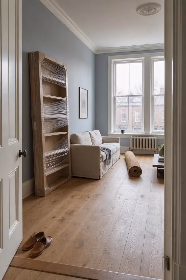 What to Check Before Styling a Living Room With Bookshelves for the First Time 1 A tall oak bookcase still in packaging leaning against the wall of a bright living room with high ceilings and cool overcast light.